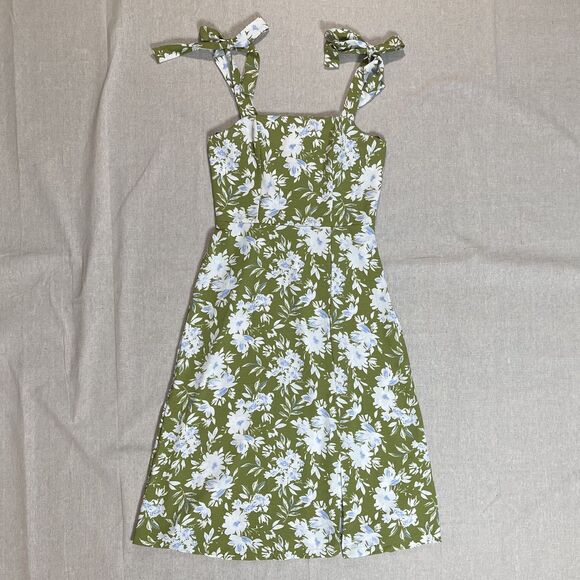 Monteau Los Angeles Chartreuse Green and White Floral Midi Dress - Medium - Picture 1 of 11